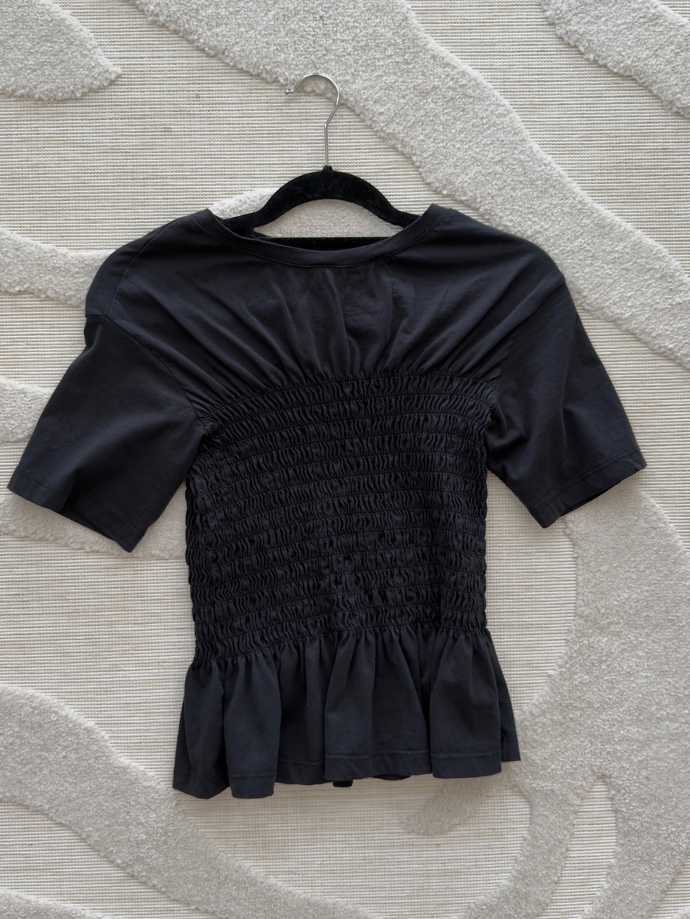 Black Smocked T-Shirt, featuring a fitted smocked bodice and a playful hem - Picture 5 of 5